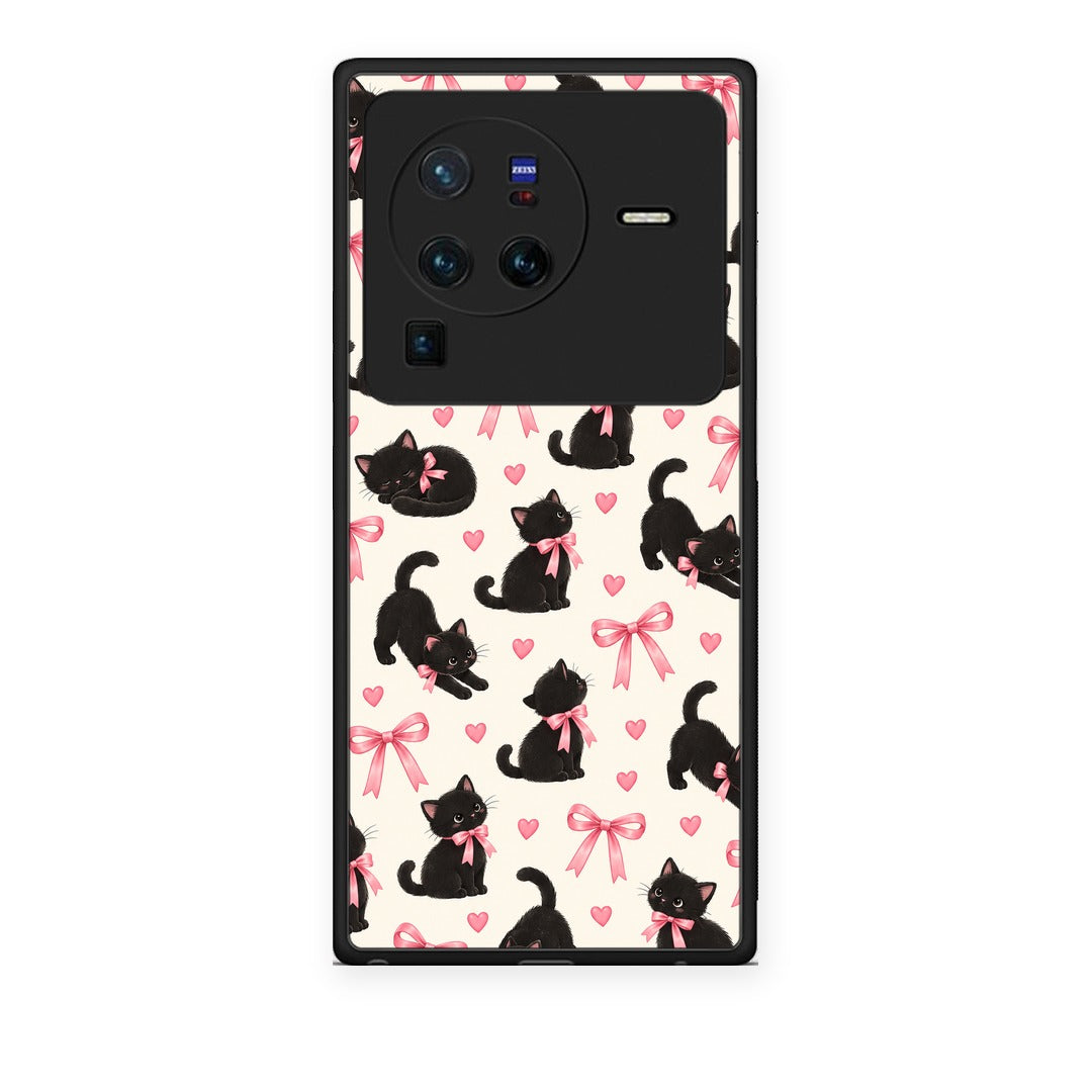 Θήκη Vivo X80 Pro 5G Black Kittens and Pink Bows on Cream Small από τη Smartfits με σχέδιο στο πίσω μέρος και μαύρο περίβλημα | Vivo X80 Pro 5G Black Kittens and Pink Bows on Cream Small case with colorful back and black bezels