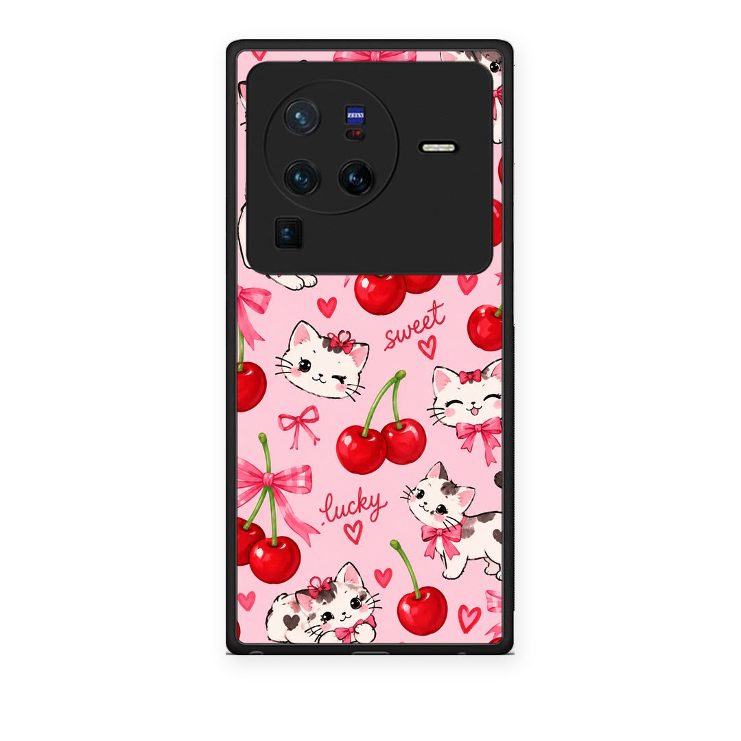 Θήκη Vivo X80 Pro 5G Cherries Bows and Kittens on Pink από τη Smartfits με σχέδιο στο πίσω μέρος και μαύρο περίβλημα | Vivo X80 Pro 5G Cherries Bows and Kittens on Pink case with colorful back and black bezels
