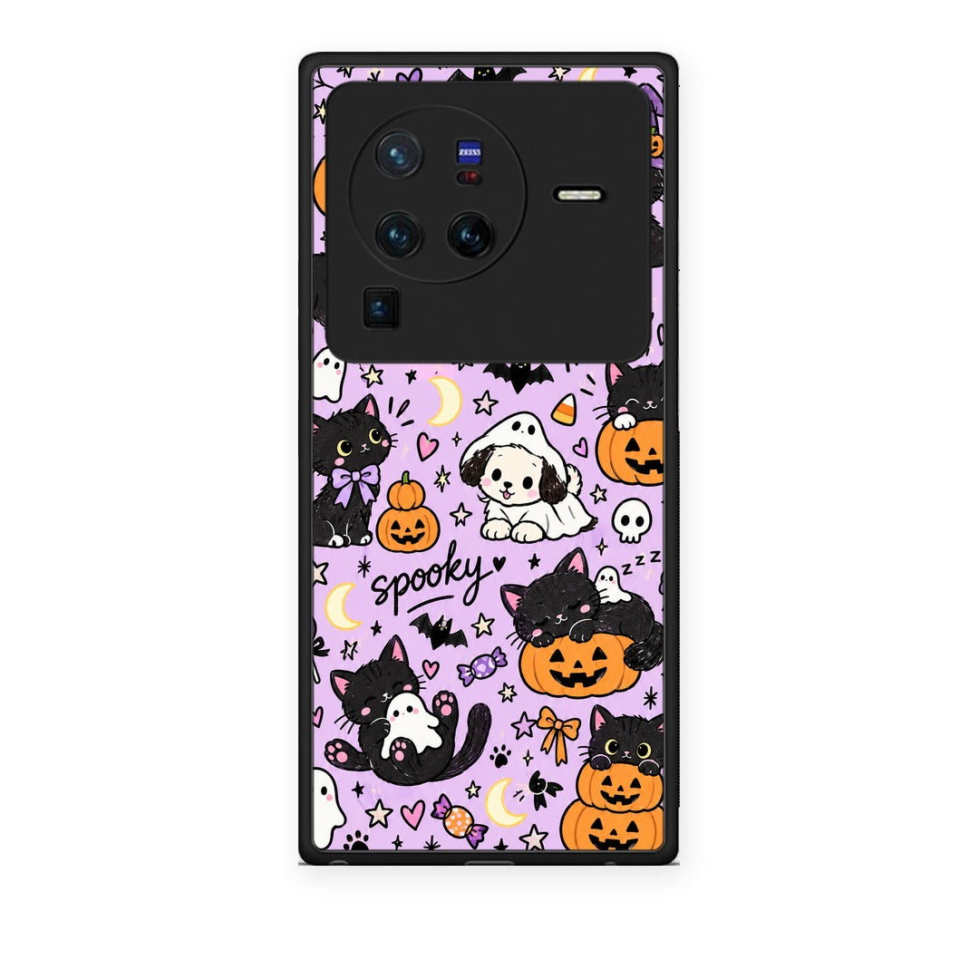 Θήκη Vivo X80 Pro 5G Halloween Black Cats on Lilac από τη Smartfits με σχέδιο στο πίσω μέρος και μαύρο περίβλημα | Vivo X80 Pro 5G Halloween Black Cats on Lilac case with colorful back and black bezels