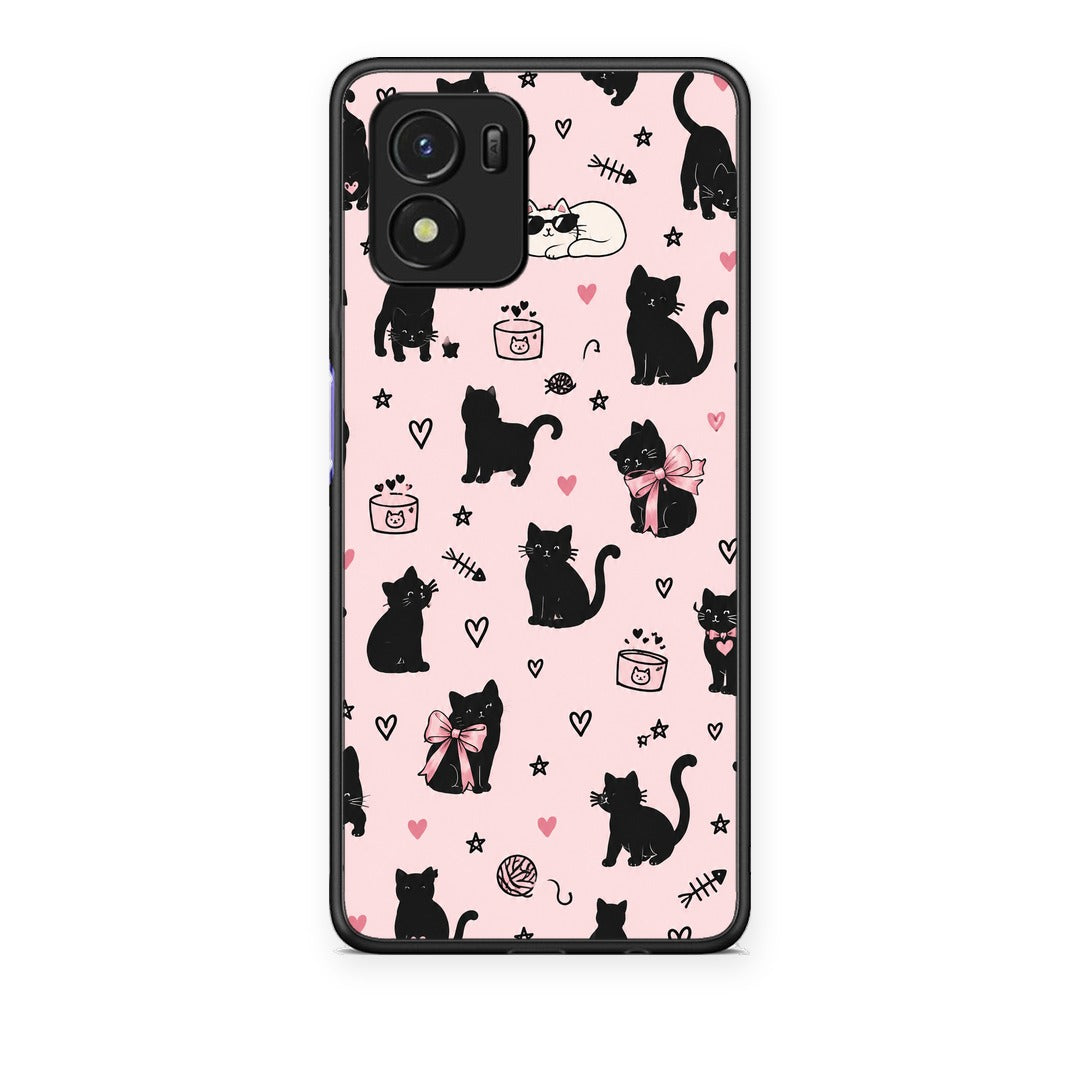 Θήκη Vivo Y01 / Y15s Black Cat Doodles on Pink από τη Smartfits με σχέδιο στο πίσω μέρος και μαύρο περίβλημα | Vivo Y01 / Y15s Black Cat Doodles on Pink case with colorful back and black bezels