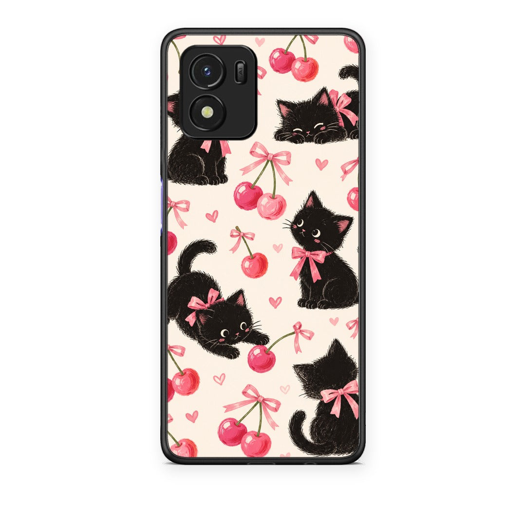 Θήκη Vivo Y01 / Y15s Black Kittens and Cherries on Cream από τη Smartfits με σχέδιο στο πίσω μέρος και μαύρο περίβλημα | Vivo Y01 / Y15s Black Kittens and Cherries on Cream case with colorful back and black bezels