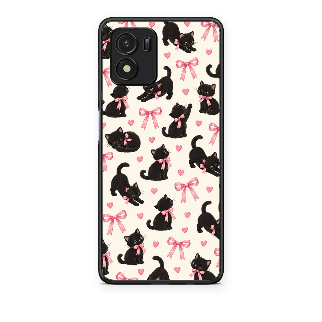 Θήκη Vivo Y01 / Y15s Black Kittens and Pink Bows on Cream Small από τη Smartfits με σχέδιο στο πίσω μέρος και μαύρο περίβλημα | Vivo Y01 / Y15s Black Kittens and Pink Bows on Cream Small case with colorful back and black bezels