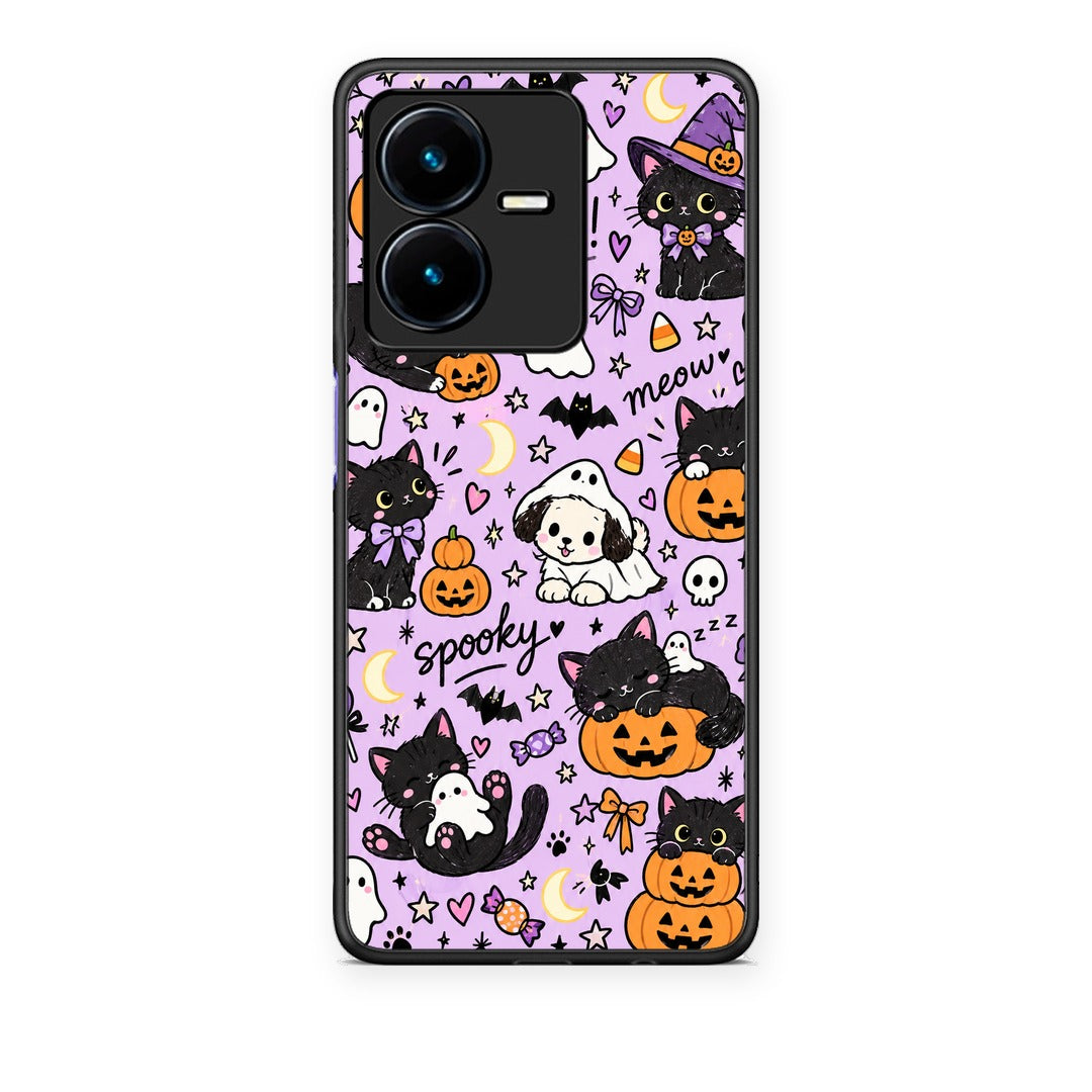 Θήκη Vivo Y22 Halloween Black Cats on Lilac από τη Smartfits με σχέδιο στο πίσω μέρος και μαύρο περίβλημα | Vivo Y22 Halloween Black Cats on Lilac case with colorful back and black bezels