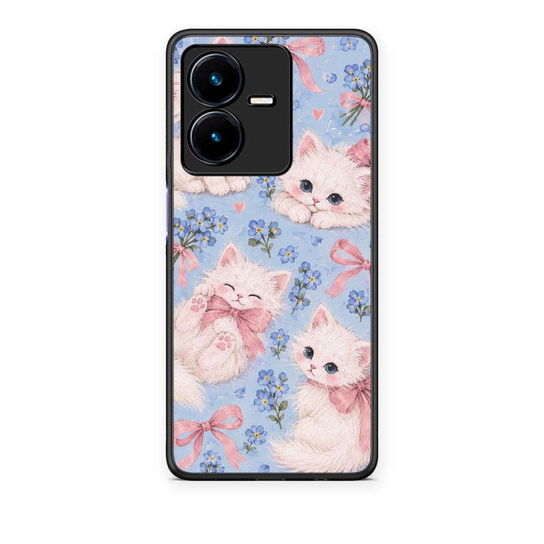 Θήκη Vivo Y22 White Kittens and Blue Flowers Large από τη Smartfits με σχέδιο στο πίσω μέρος και μαύρο περίβλημα | Vivo Y22 White Kittens and Blue Flowers Large case with colorful back and black bezels