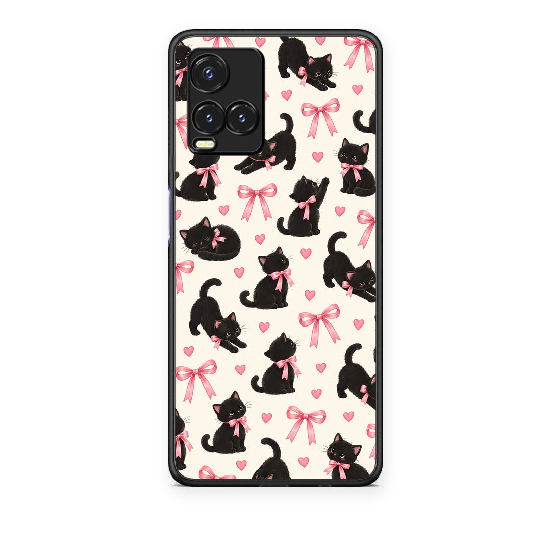 Θήκη Vivo Y33s / Y21s / Y21 Black Kittens and Pink Bows on Cream Small από τη Smartfits με σχέδιο στο πίσω μέρος και μαύρο περίβλημα | Vivo Y33s / Y21s / Y21 Black Kittens and Pink Bows on Cream Small case with colorful back and black bezels