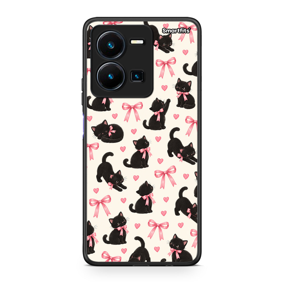Θήκη Vivo Y22s / Y35 4G Black Kittens and Pink Bows on Cream Small από τη Smartfits με σχέδιο στο πίσω μέρος και μαύρο περίβλημα | Vivo Y22s / Y35 4G Black Kittens and Pink Bows on Cream Small case with colorful back and black bezels