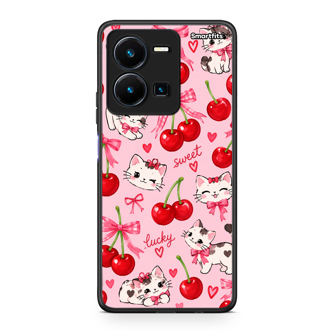 Θήκη Vivo Y22s / Y35 4G Cherries Bows and Kittens on Pink από τη Smartfits με σχέδιο στο πίσω μέρος και μαύρο περίβλημα | Vivo Y22s / Y35 4G Cherries Bows and Kittens on Pink case with colorful back and black bezels