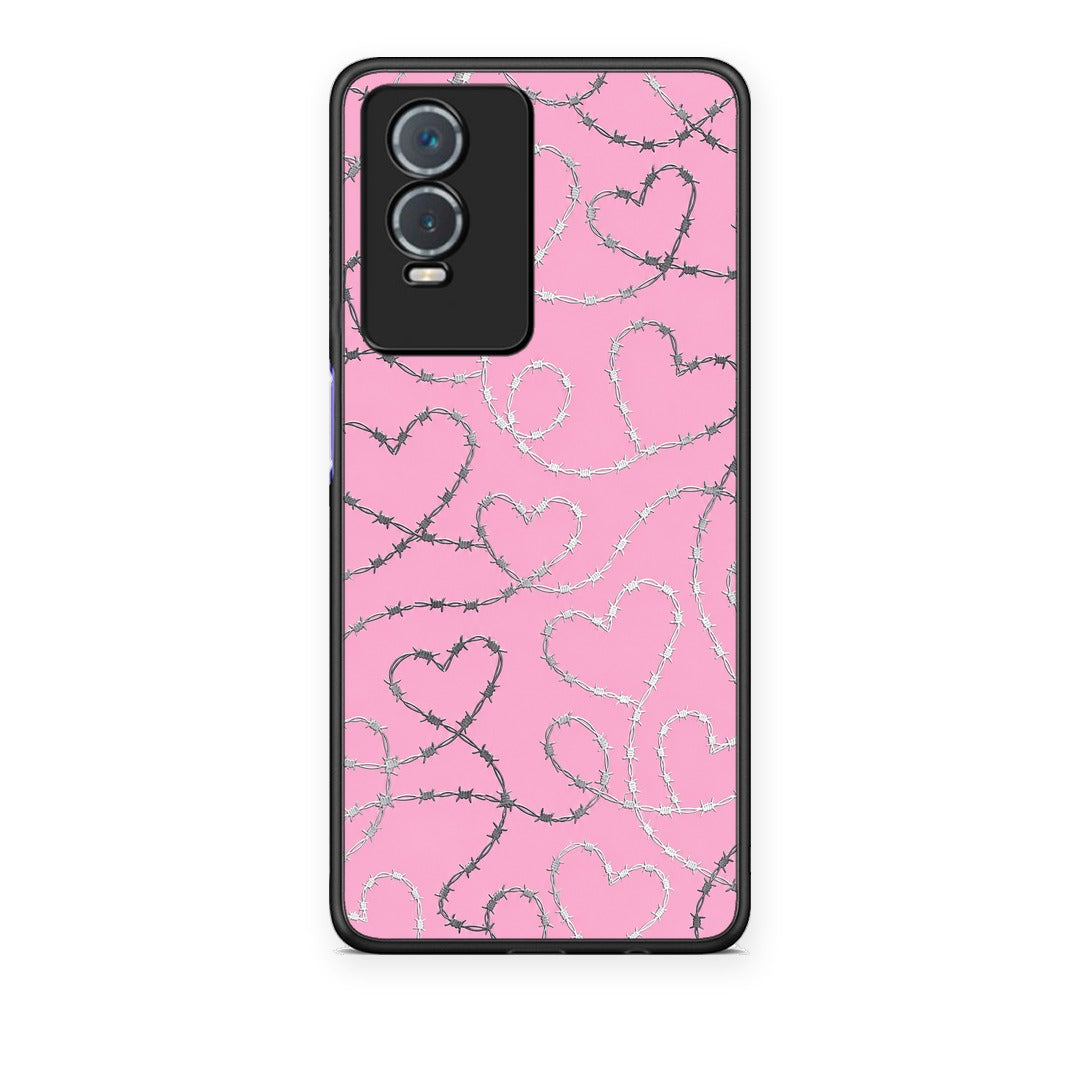 Θήκη Vivo Y76 5G / Y76s / Y74s Barbed Wire Hearts on Pink από τη Smartfits με σχέδιο στο πίσω μέρος και μαύρο περίβλημα | Vivo Y76 5G / Y76s / Y74s Barbed Wire Hearts on Pink case with colorful back and black bezels