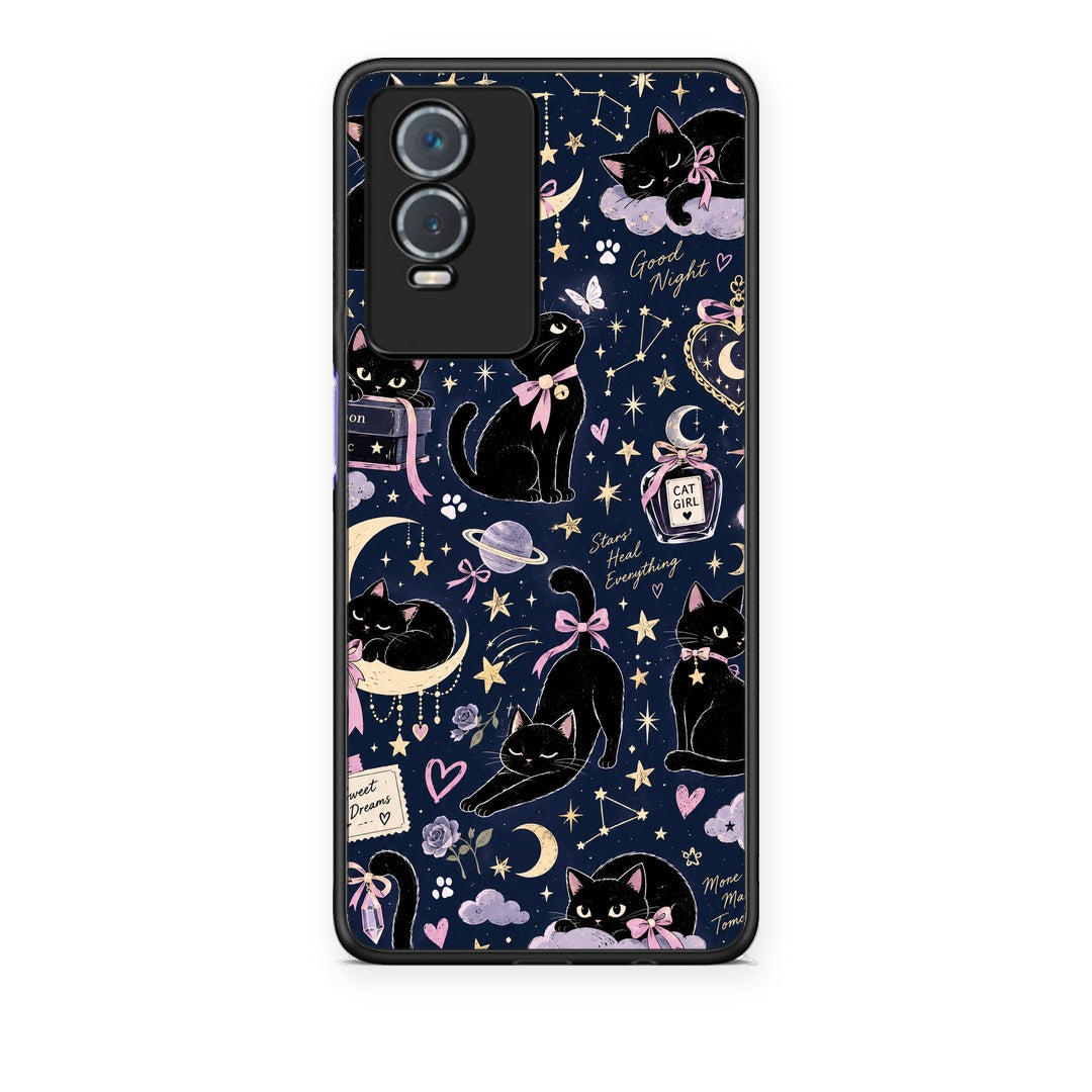 Θήκη Vivo Y76 5G / Y76s / Y74s Celestial Black Cats on Navy από τη Smartfits με σχέδιο στο πίσω μέρος και μαύρο περίβλημα | Vivo Y76 5G / Y76s / Y74s Celestial Black Cats on Navy case with colorful back and black bezels