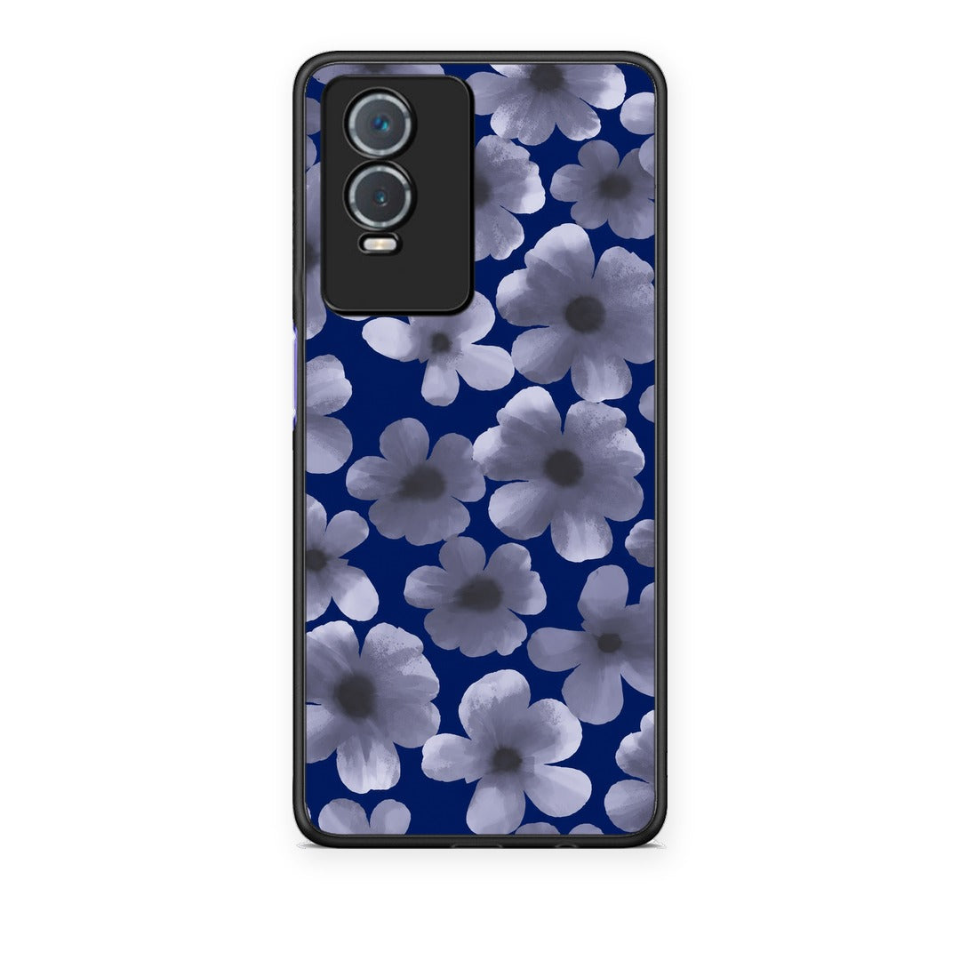 Θήκη Vivo Y76 5G / Y76s / Y74s Pale Blue Flowers on Navy από τη Smartfits με σχέδιο στο πίσω μέρος και μαύρο περίβλημα | Vivo Y76 5G / Y76s / Y74s Pale Blue Flowers on Navy case with colorful back and black bezels