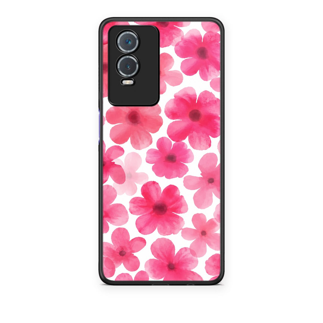 Θήκη Vivo Y76 5G / Y76s / Y74s Pink Watercolour Flowers on White από τη Smartfits με σχέδιο στο πίσω μέρος και μαύρο περίβλημα | Vivo Y76 5G / Y76s / Y74s Pink Watercolour Flowers on White case with colorful back and black bezels