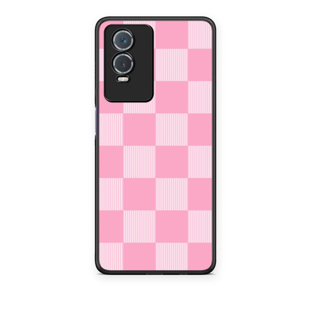 Θήκη Vivo Y76 5G / Y76s / Y74s Pink and White Striped Checks από τη Smartfits με σχέδιο στο πίσω μέρος και μαύρο περίβλημα | Vivo Y76 5G / Y76s / Y74s Pink and White Striped Checks case with colorful back and black bezels