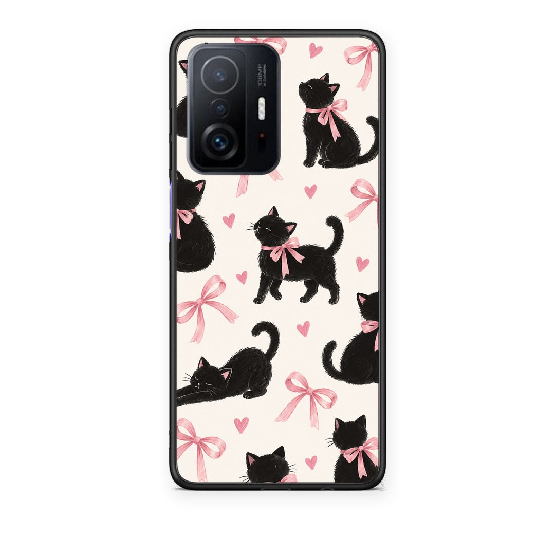 Θήκη Xiaomi 11T / 11T Pro Black Kittens and Pink Bows on Cream Large από τη Smartfits με σχέδιο στο πίσω μέρος και μαύρο περίβλημα | Xiaomi 11T / 11T Pro Black Kittens and Pink Bows on Cream Large case with colorful back and black bezels