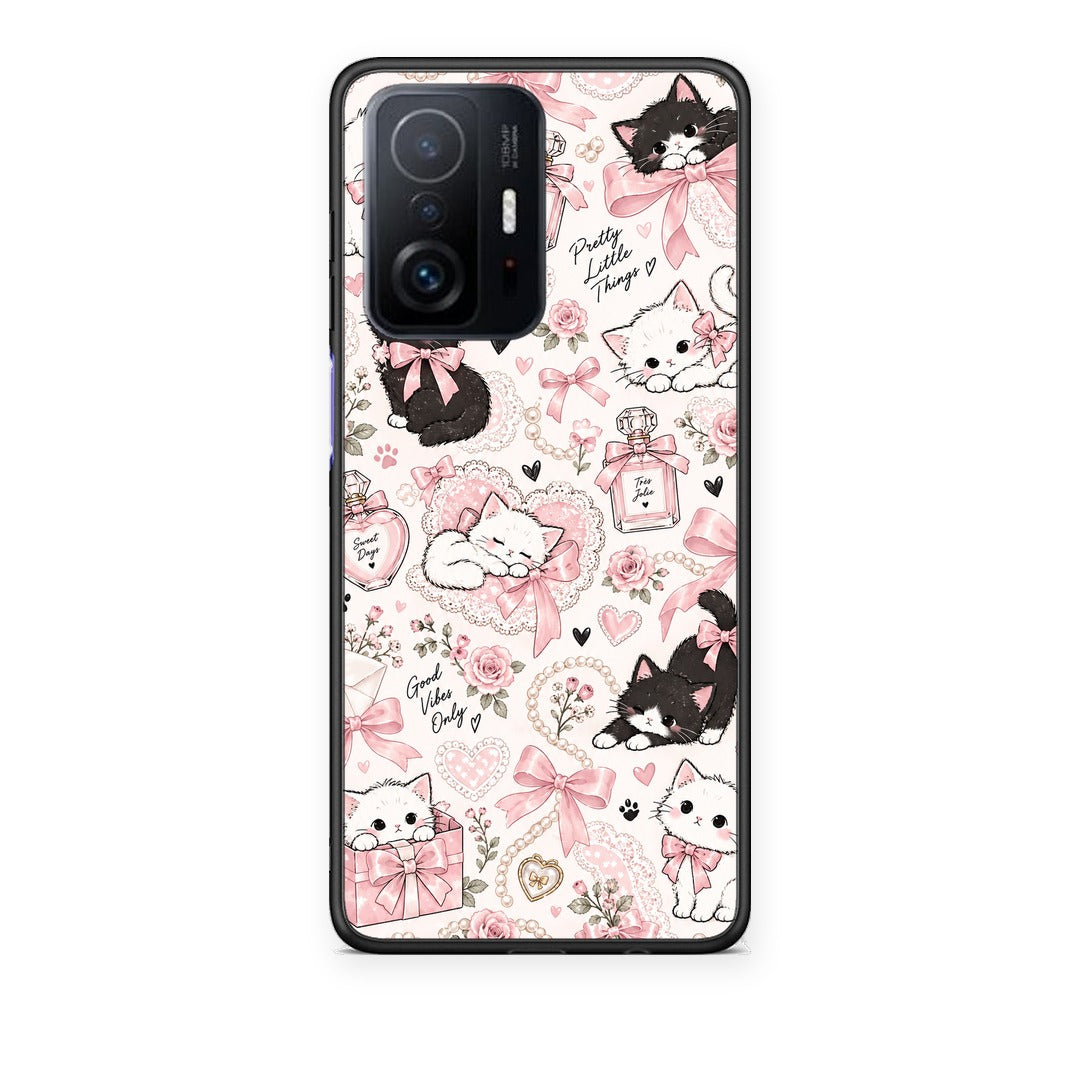 Θήκη Xiaomi 11T / 11T Pro Pink Bows and Kittens Collage από τη Smartfits με σχέδιο στο πίσω μέρος και μαύρο περίβλημα | Xiaomi 11T / 11T Pro Pink Bows and Kittens Collage case with colorful back and black bezels