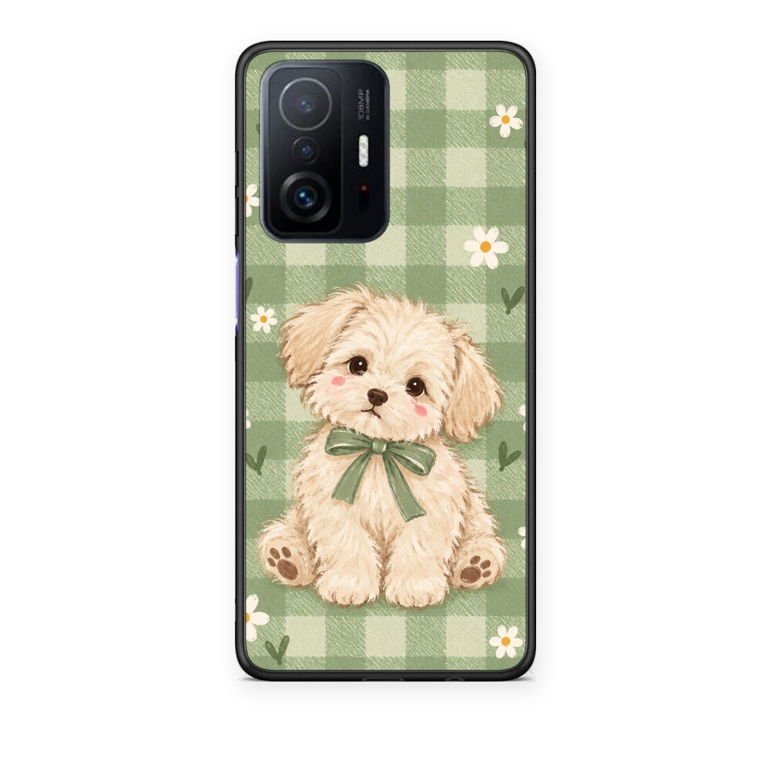 Θήκη Xiaomi 11T / 11T Pro Puppy and Daisies on Sage Gingham από τη Smartfits με σχέδιο στο πίσω μέρος και μαύρο περίβλημα | Xiaomi 11T / 11T Pro Puppy and Daisies on Sage Gingham case with colorful back and black bezels