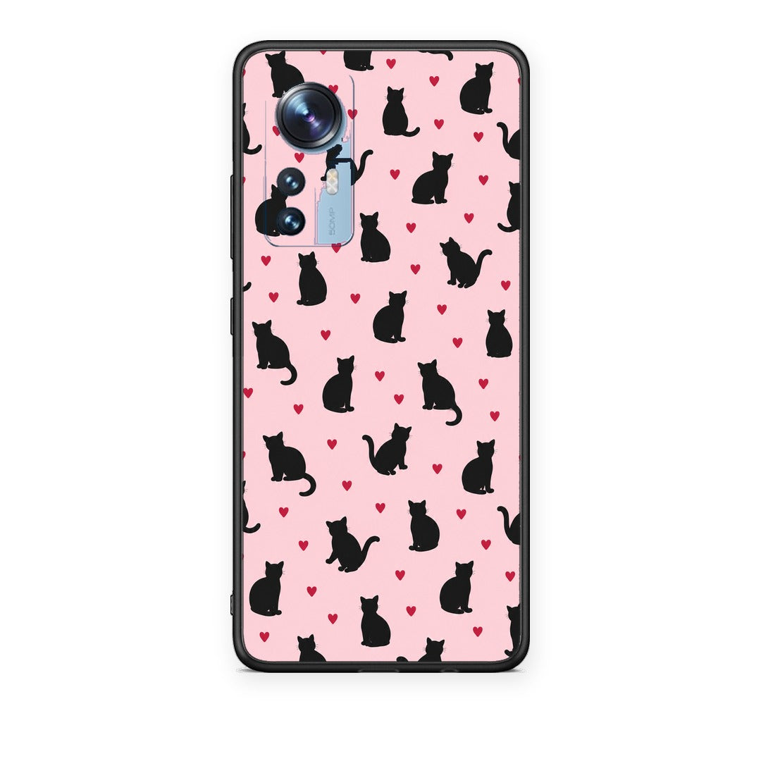 Θήκη Xiaomi 12 / 12X 5G Black Cat Silhouettes and Hearts on Pink από τη Smartfits με σχέδιο στο πίσω μέρος και μαύρο περίβλημα | Xiaomi 12 / 12X 5G Black Cat Silhouettes and Hearts on Pink case with colorful back and black bezels