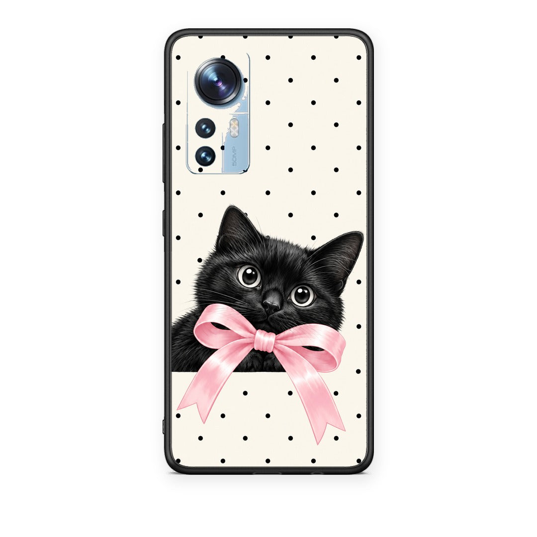 Θήκη Xiaomi 12 / 12X 5G Black Kitten Pink Bow and Polka Dots από τη Smartfits με σχέδιο στο πίσω μέρος και μαύρο περίβλημα | Xiaomi 12 / 12X 5G Black Kitten Pink Bow and Polka Dots case with colorful back and black bezels