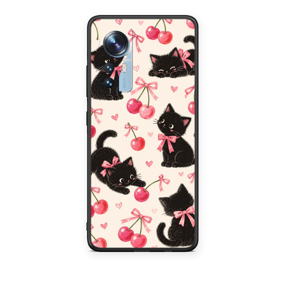 Θήκη Xiaomi 12 / 12X 5G Black Kittens and Cherries on Cream από τη Smartfits με σχέδιο στο πίσω μέρος και μαύρο περίβλημα | Xiaomi 12 / 12X 5G Black Kittens and Cherries on Cream case with colorful back and black bezels