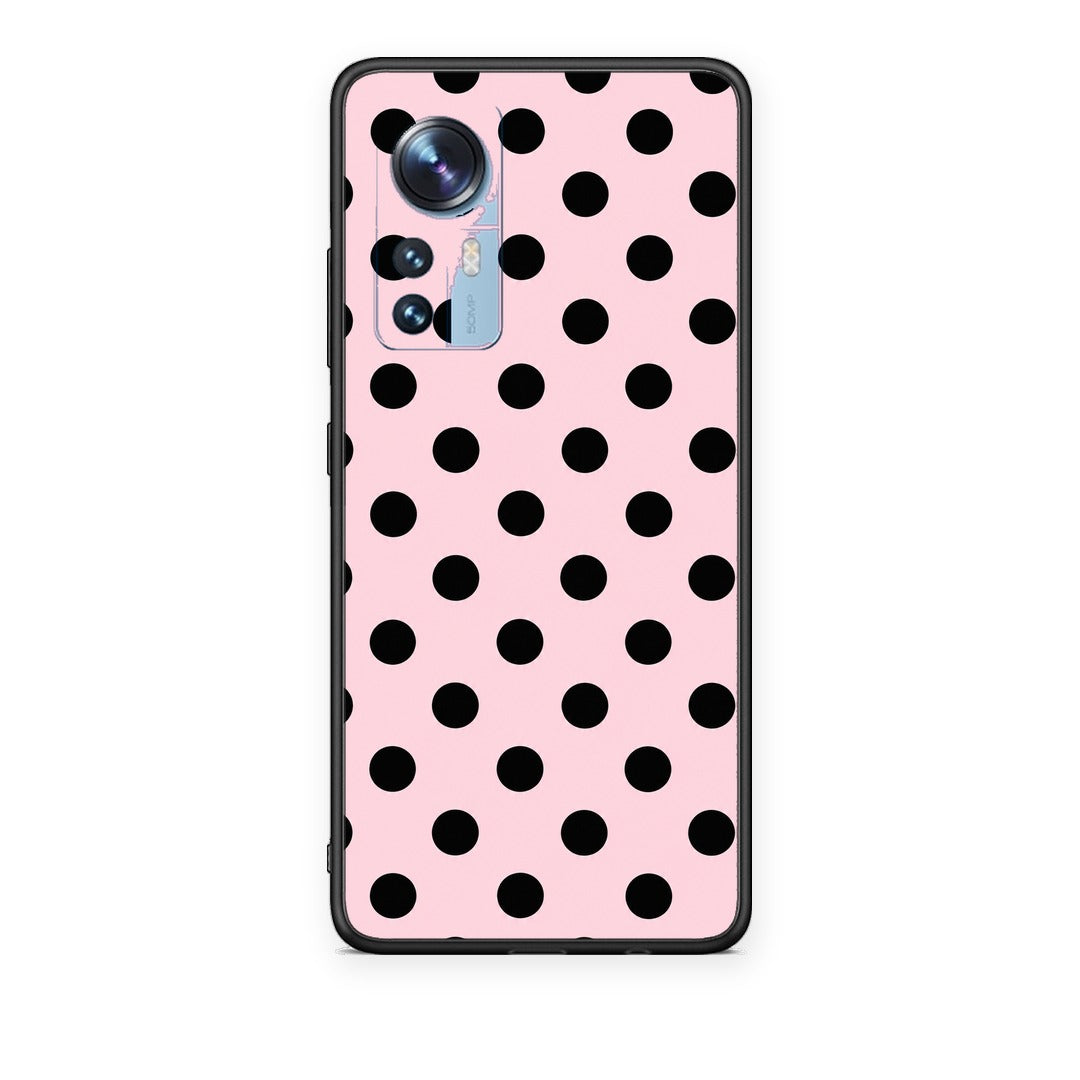 Θήκη Xiaomi 12 / 12X 5G Black Polka Dots on Pink από τη Smartfits με σχέδιο στο πίσω μέρος και μαύρο περίβλημα | Xiaomi 12 / 12X 5G Black Polka Dots on Pink case with colorful back and black bezels