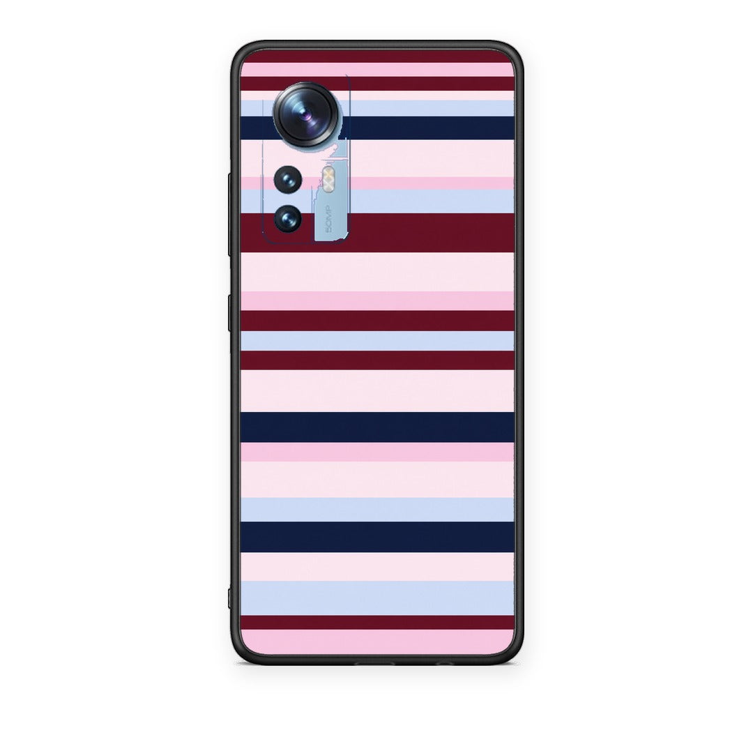 Θήκη Xiaomi 12 / 12X 5G Burgundy Pink and Blue Horizontal Stripes από τη Smartfits με σχέδιο στο πίσω μέρος και μαύρο περίβλημα | Xiaomi 12 / 12X 5G Burgundy Pink and Blue Horizontal Stripes case with colorful back and black bezels