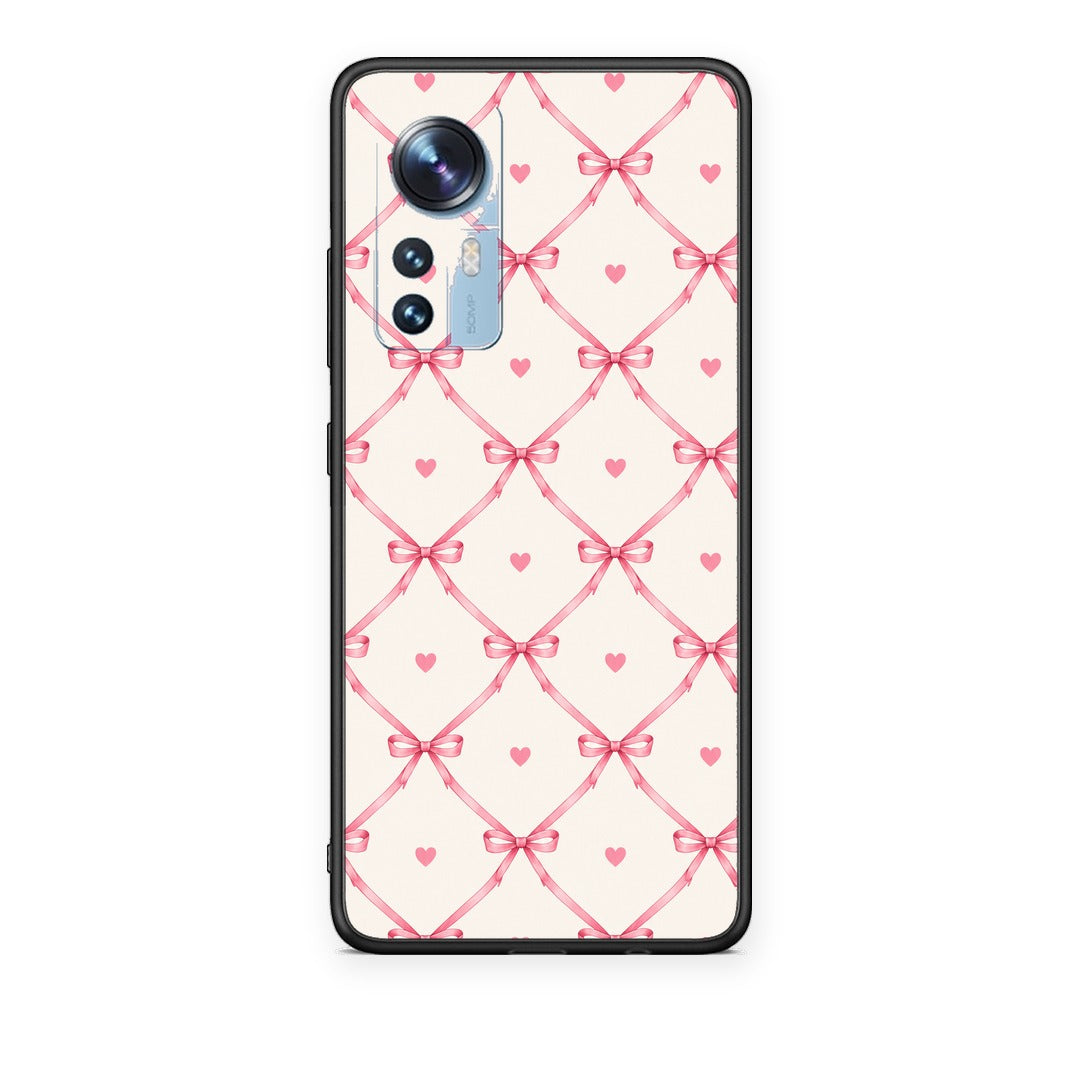 Θήκη Xiaomi 12 / 12X 5G Pink Bow Lattice and Hearts on Cream από τη Smartfits με σχέδιο στο πίσω μέρος και μαύρο περίβλημα | Xiaomi 12 / 12X 5G Pink Bow Lattice and Hearts on Cream case with colorful back and black bezels