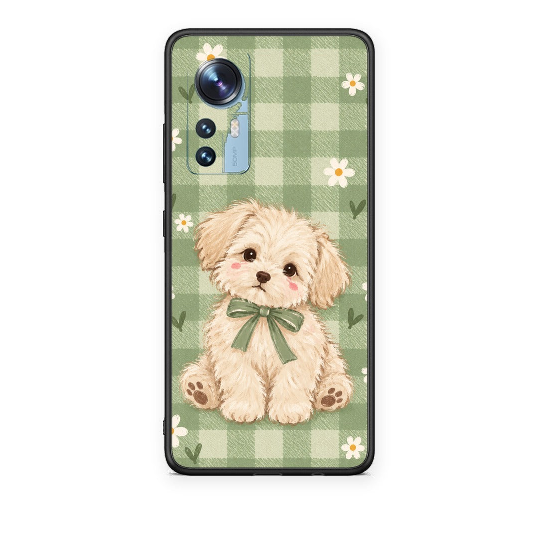 Θήκη Xiaomi 12 / 12X 5G Puppy and Daisies on Sage Gingham από τη Smartfits με σχέδιο στο πίσω μέρος και μαύρο περίβλημα | Xiaomi 12 / 12X 5G Puppy and Daisies on Sage Gingham case with colorful back and black bezels