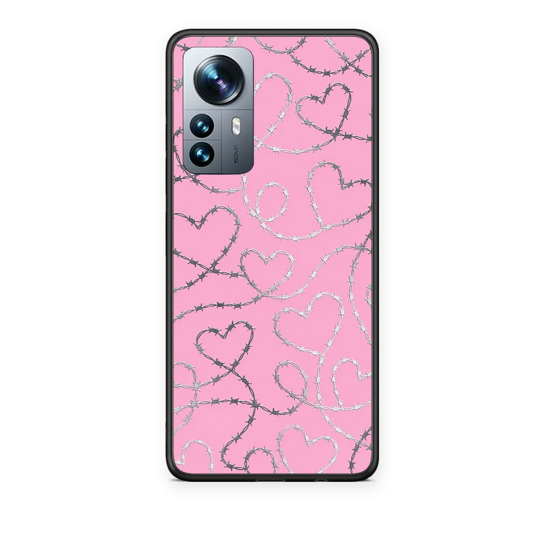 Θήκη Xiaomi 12 Pro Barbed Wire Hearts on Pink από τη Smartfits με σχέδιο στο πίσω μέρος και μαύρο περίβλημα | Xiaomi 12 Pro Barbed Wire Hearts on Pink case with colorful back and black bezels