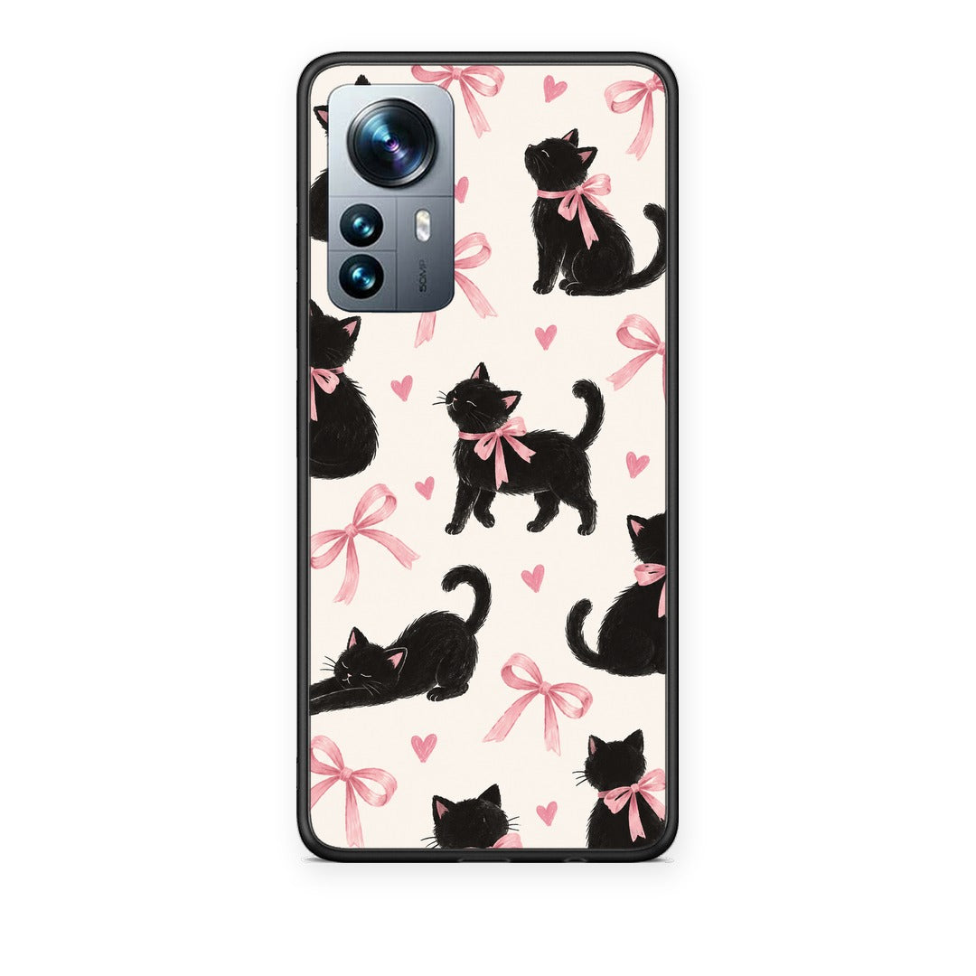 Θήκη Xiaomi 12 Pro Black Kittens and Pink Bows on Cream Large από τη Smartfits με σχέδιο στο πίσω μέρος και μαύρο περίβλημα | Xiaomi 12 Pro Black Kittens and Pink Bows on Cream Large case with colorful back and black bezels