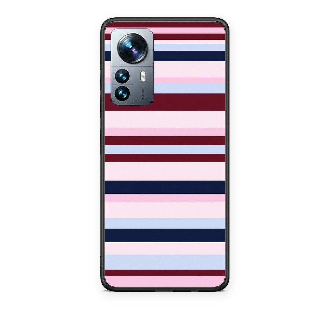 Θήκη Xiaomi 12 Pro Burgundy Pink and Blue Horizontal Stripes από τη Smartfits με σχέδιο στο πίσω μέρος και μαύρο περίβλημα | Xiaomi 12 Pro Burgundy Pink and Blue Horizontal Stripes case with colorful back and black bezels