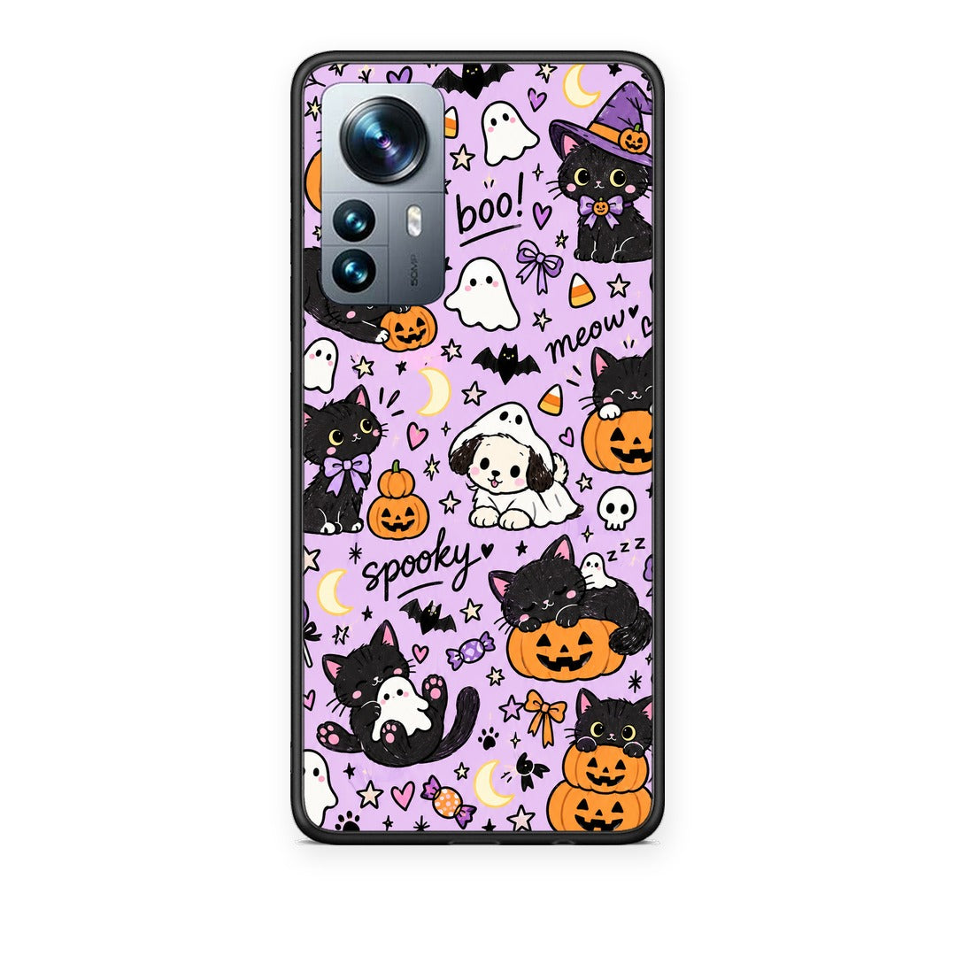 Θήκη Xiaomi 12 Pro Halloween Black Cats on Lilac από τη Smartfits με σχέδιο στο πίσω μέρος και μαύρο περίβλημα | Xiaomi 12 Pro Halloween Black Cats on Lilac case with colorful back and black bezels