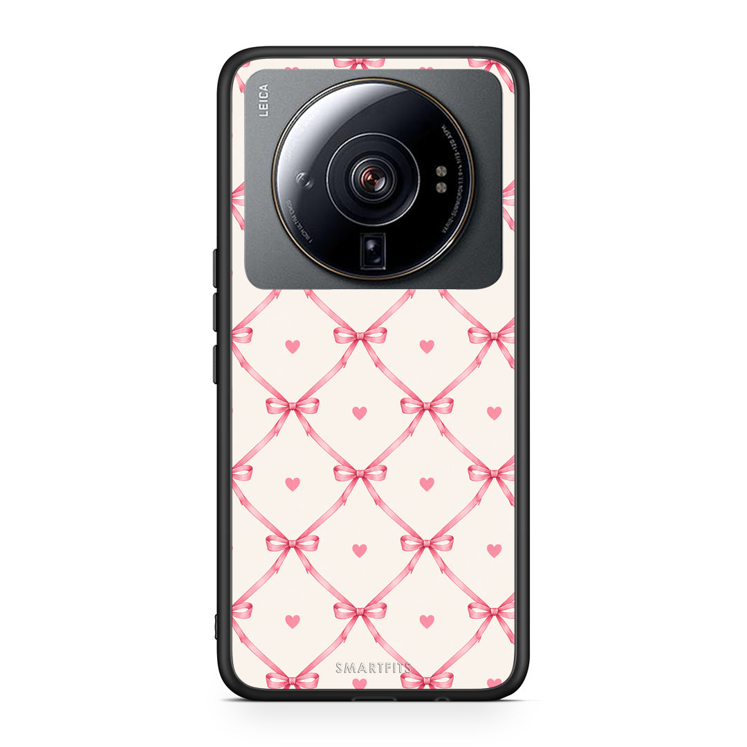 Θήκη Xiaomi 12S Ultra Pink Bow Lattice and Hearts on Cream από τη Smartfits με σχέδιο στο πίσω μέρος και μαύρο περίβλημα | Xiaomi 12S Ultra Pink Bow Lattice and Hearts on Cream case with colorful back and black bezels