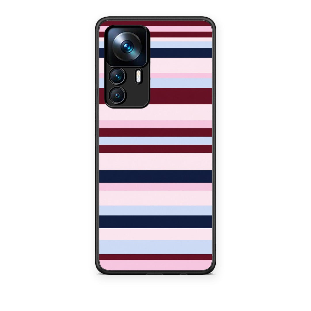 Θήκη Xiaomi 12T / K50 Ultra Burgundy Pink and Blue Horizontal Stripes από τη Smartfits με σχέδιο στο πίσω μέρος και μαύρο περίβλημα | Xiaomi 12T / K50 Ultra Burgundy Pink and Blue Horizontal Stripes case with colorful back and black bezels