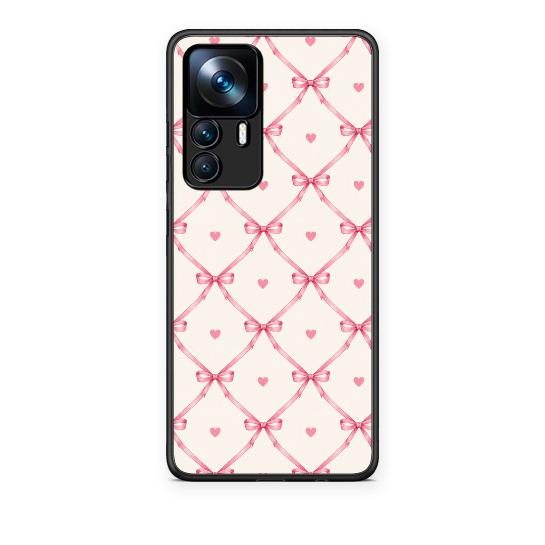 Θήκη Xiaomi 12T / K50 Ultra Pink Bow Lattice and Hearts on Cream από τη Smartfits με σχέδιο στο πίσω μέρος και μαύρο περίβλημα | Xiaomi 12T / K50 Ultra Pink Bow Lattice and Hearts on Cream case with colorful back and black bezels