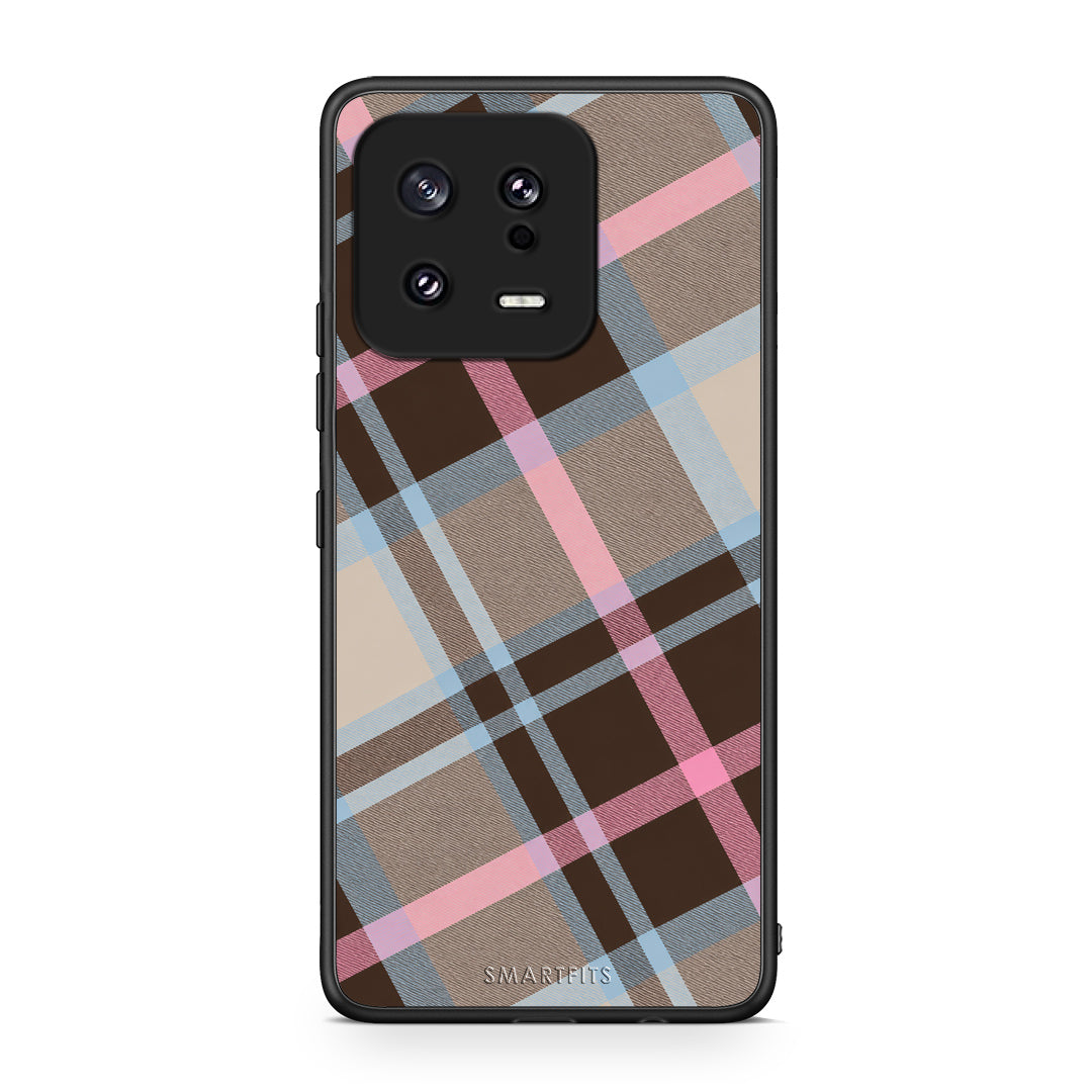 Θήκη Xiaomi 13 Brown Pink and Blue Diagonal Plaid από τη Smartfits με σχέδιο στο πίσω μέρος και μαύρο περίβλημα | Xiaomi 13 Brown Pink and Blue Diagonal Plaid case with colorful back and black bezels