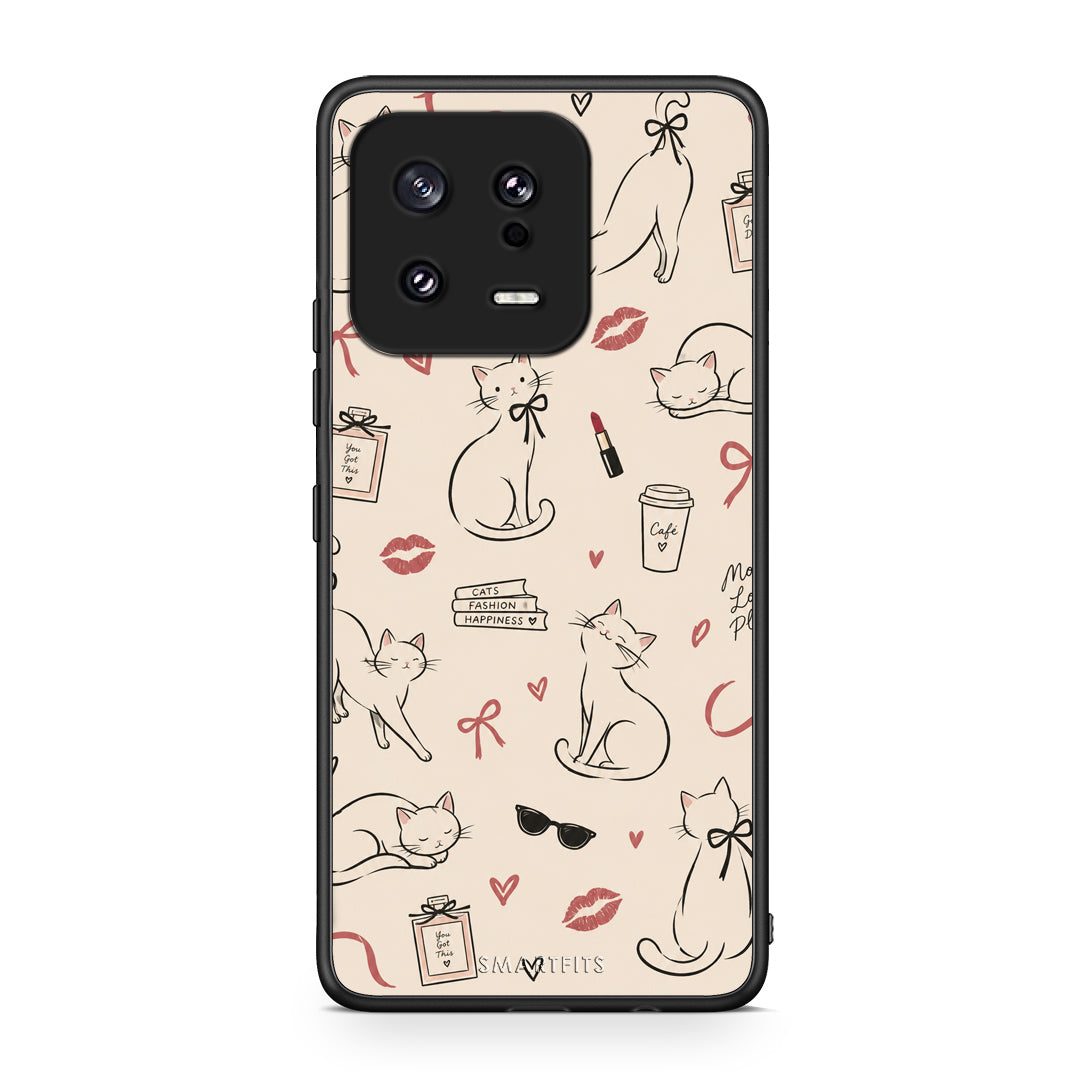 Θήκη Xiaomi 13 Minimal Cat and Fashion Doodles on Cream από τη Smartfits με σχέδιο στο πίσω μέρος και μαύρο περίβλημα | Xiaomi 13 Minimal Cat and Fashion Doodles on Cream case with colorful back and black bezels