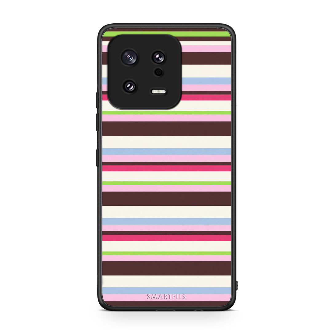 Θήκη Xiaomi 13 Multicolour Horizontal Stripes από τη Smartfits με σχέδιο στο πίσω μέρος και μαύρο περίβλημα | Xiaomi 13 Multicolour Horizontal Stripes case with colorful back and black bezels