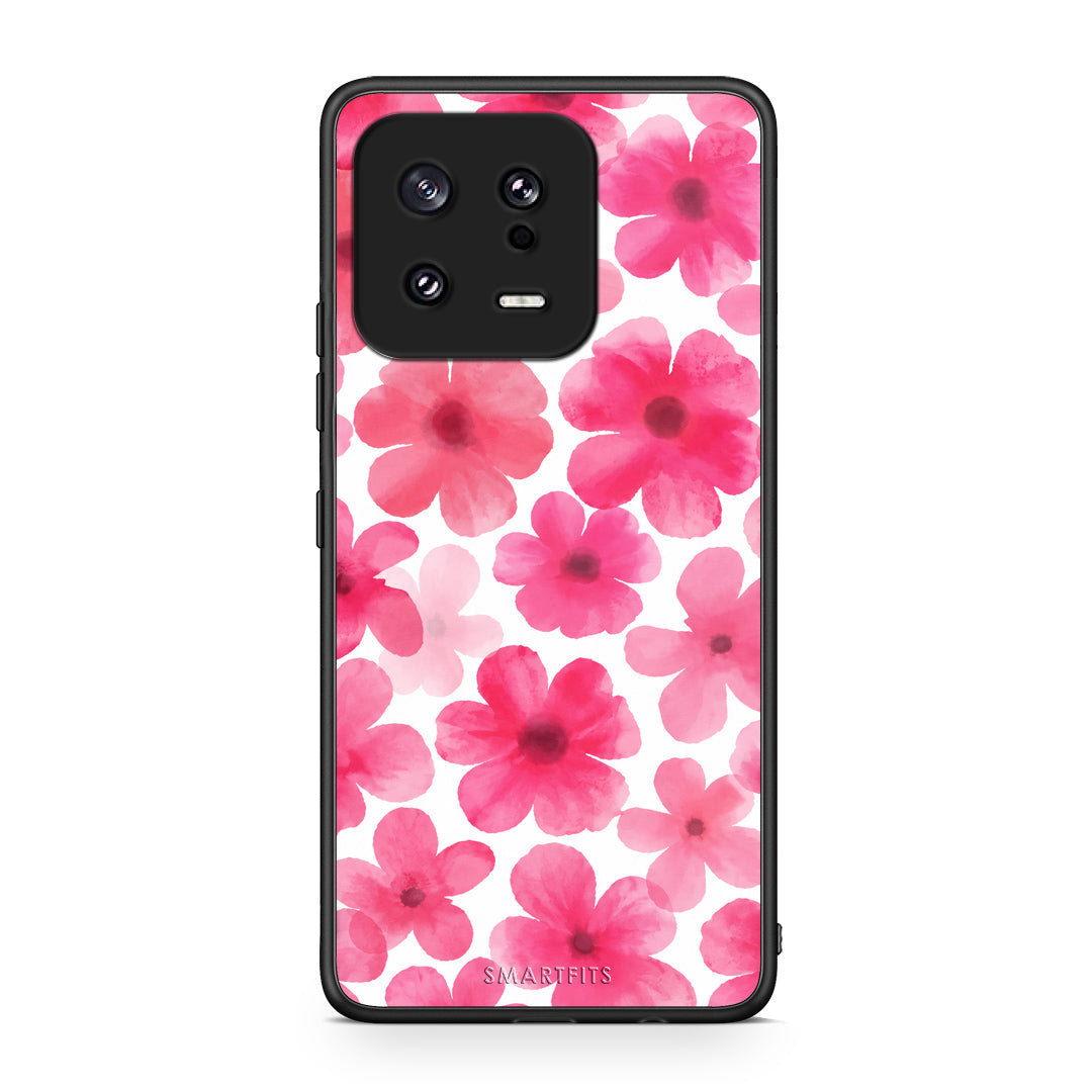 Θήκη Xiaomi 13 Pink Watercolour Flowers on White από τη Smartfits με σχέδιο στο πίσω μέρος και μαύρο περίβλημα | Xiaomi 13 Pink Watercolour Flowers on White case with colorful back and black bezels