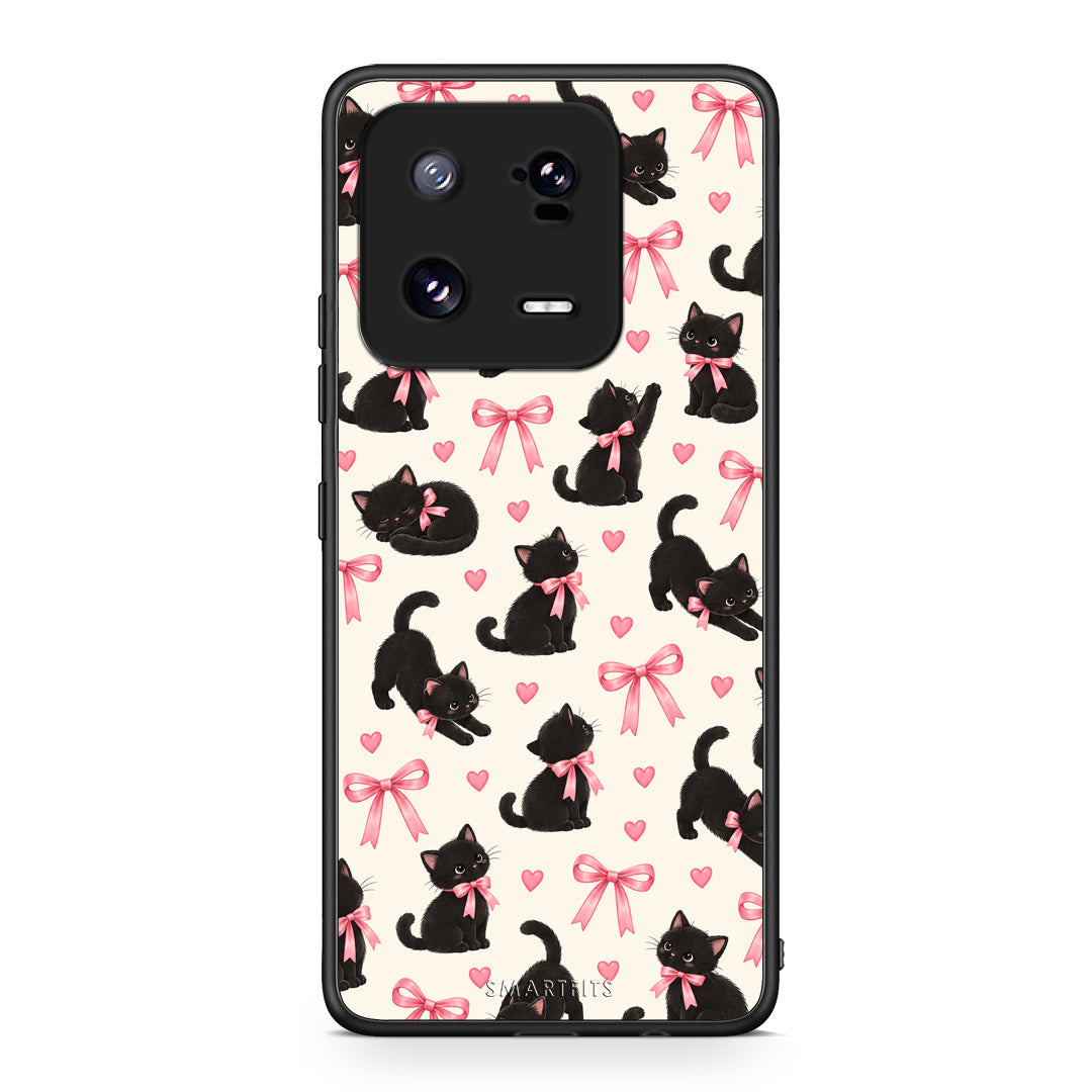 Θήκη Xiaomi 13 Pro Black Kittens and Pink Bows on Cream Small από τη Smartfits με σχέδιο στο πίσω μέρος και μαύρο περίβλημα | Xiaomi 13 Pro Black Kittens and Pink Bows on Cream Small case with colorful back and black bezels