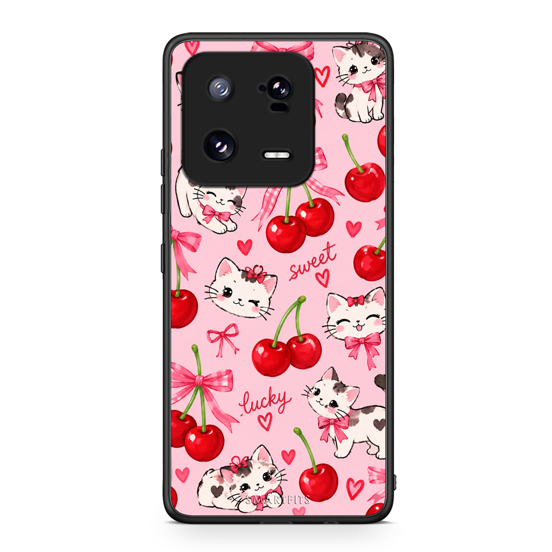 Θήκη Xiaomi 13 Pro Cherries Bows and Kittens on Pink από τη Smartfits με σχέδιο στο πίσω μέρος και μαύρο περίβλημα | Xiaomi 13 Pro Cherries Bows and Kittens on Pink case with colorful back and black bezels