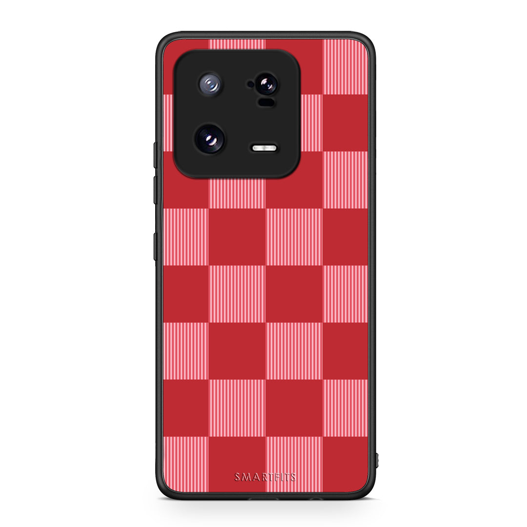 Θήκη Xiaomi 13 Pro Red and Pink Striped Checks από τη Smartfits με σχέδιο στο πίσω μέρος και μαύρο περίβλημα | Xiaomi 13 Pro Red and Pink Striped Checks case with colorful back and black bezels