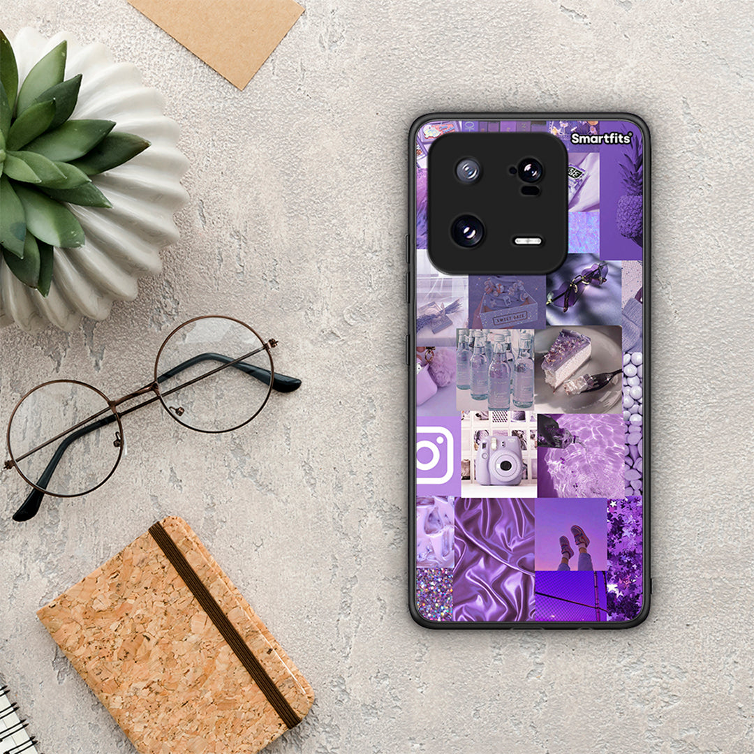 Θήκη Xiaomi 13 Purple Aesthetic Collage από τη Smartfits με σχέδιο στο πίσω μέρος και μαύρο περίβλημα | Xiaomi 13 Purple Aesthetic Collage Case with Colorful Back and Black Bezels