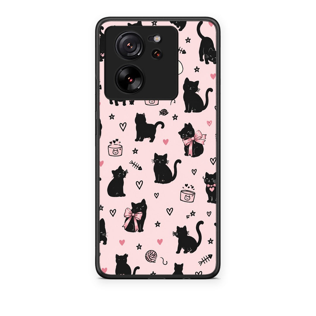 Θήκη Xiaomi 13T Black Cat Doodles on Pink από τη Smartfits με σχέδιο στο πίσω μέρος και μαύρο περίβλημα | Xiaomi 13T Black Cat Doodles on Pink case with colorful back and black bezels