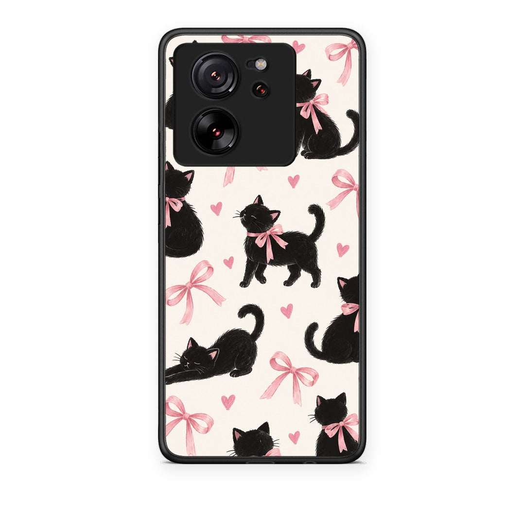 Θήκη Xiaomi 13T Black Kittens and Pink Bows on Cream Large από τη Smartfits με σχέδιο στο πίσω μέρος και μαύρο περίβλημα | Xiaomi 13T Black Kittens and Pink Bows on Cream Large case with colorful back and black bezels