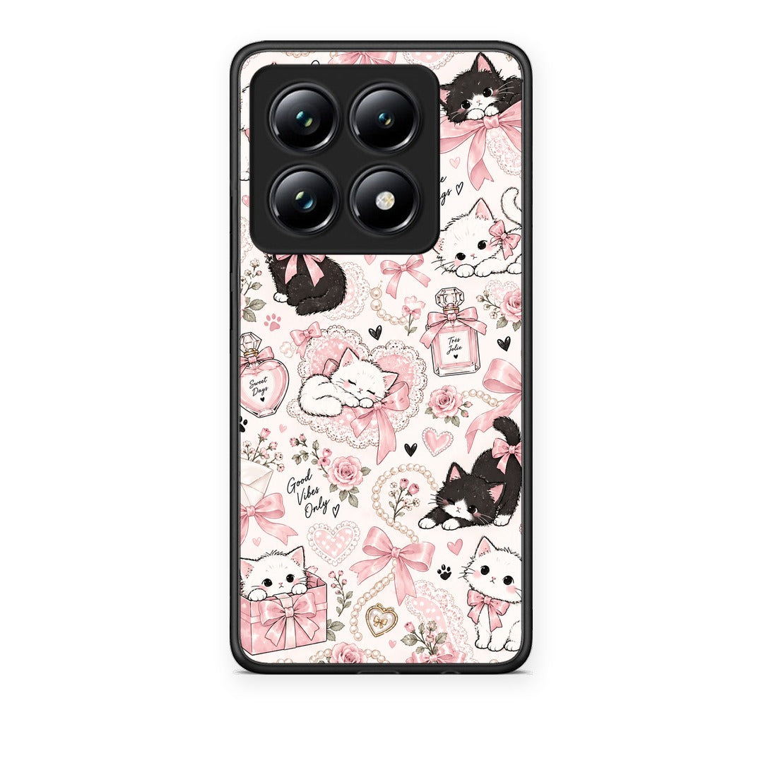 Θήκη Xiaomi 14T Pro Pink Bows and Kittens Collage από τη Smartfits με σχέδιο στο πίσω μέρος και μαύρο περίβλημα | Xiaomi 14T Pro Pink Bows and Kittens Collage case with colorful back and black bezels