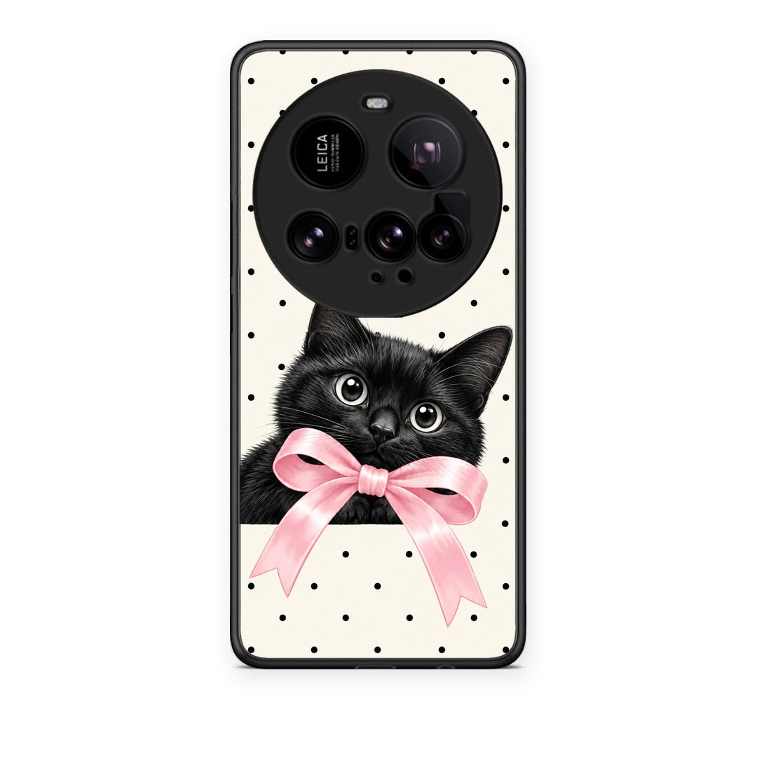 Θήκη Xiaomi 15 Ultra 5G Black Kitten Pink Bow and Polka Dots από τη Smartfits με σχέδιο στο πίσω μέρος και μαύρο περίβλημα | Xiaomi 15 Ultra 5G Black Kitten Pink Bow and Polka Dots case with colorful back and black bezels