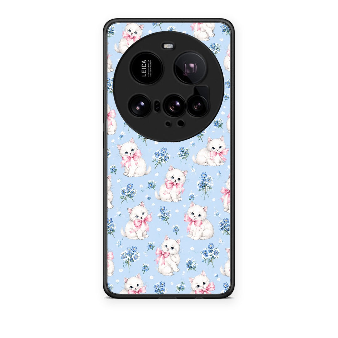 Θήκη Xiaomi 15 Ultra 5G White Kittens and Blue Flowers Small από τη Smartfits με σχέδιο στο πίσω μέρος και μαύρο περίβλημα | Xiaomi 15 Ultra 5G White Kittens and Blue Flowers Small case with colorful back and black bezels