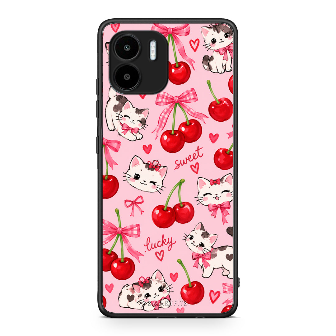 Θήκη Xiaomi Redmi A1 / A2 Cherries Bows and Kittens on Pink από τη Smartfits με σχέδιο στο πίσω μέρος και μαύρο περίβλημα | Xiaomi Redmi A1 / A2 Cherries Bows and Kittens on Pink case with colorful back and black bezels