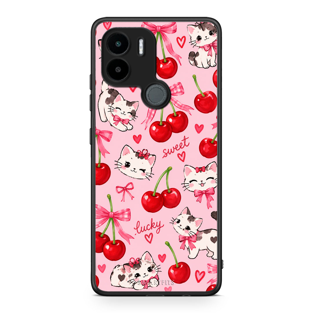 Θήκη Xiaomi Redmi A1+ / A2+ Cherries Bows and Kittens on Pink από τη Smartfits με σχέδιο στο πίσω μέρος και μαύρο περίβλημα | Xiaomi Redmi A1+ / A2+ Cherries Bows and Kittens on Pink case with colorful back and black bezels
