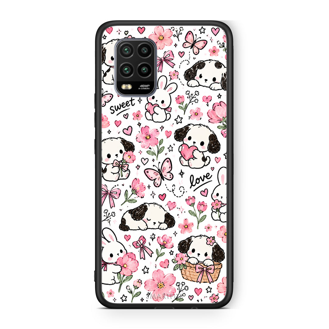 Θήκη Xiaomi Mi 10 Lite Pink Florals Puppies and Bunnies on White από τη Smartfits με σχέδιο στο πίσω μέρος και μαύρο περίβλημα | Xiaomi Mi 10 Lite Pink Florals Puppies and Bunnies on White case with colorful back and black bezels