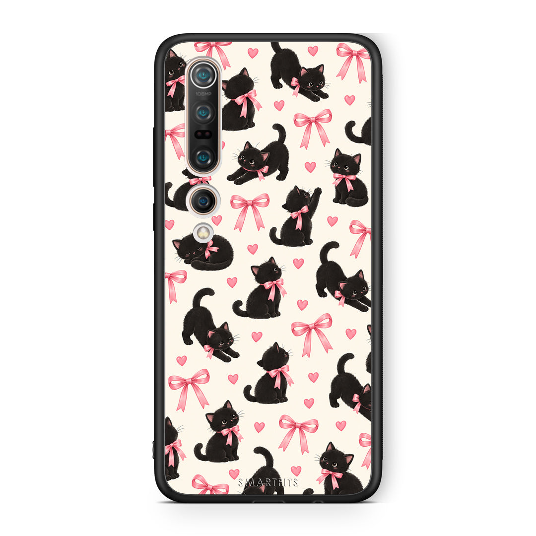 Θήκη Xiaomi Mi 10 Black Kittens and Pink Bows on Cream Small από τη Smartfits με σχέδιο στο πίσω μέρος και μαύρο περίβλημα | Xiaomi Mi 10 Black Kittens and Pink Bows on Cream Small case with colorful back and black bezels